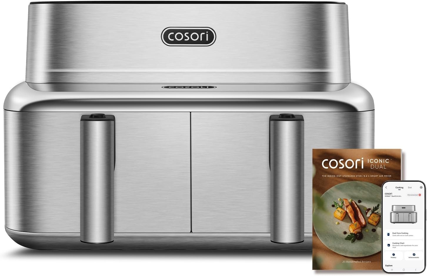 Freidora de aire Cosori Iconic Dual de doble cesta y 8,6 L en acero inoxidable, según la ficha de Amazon.es