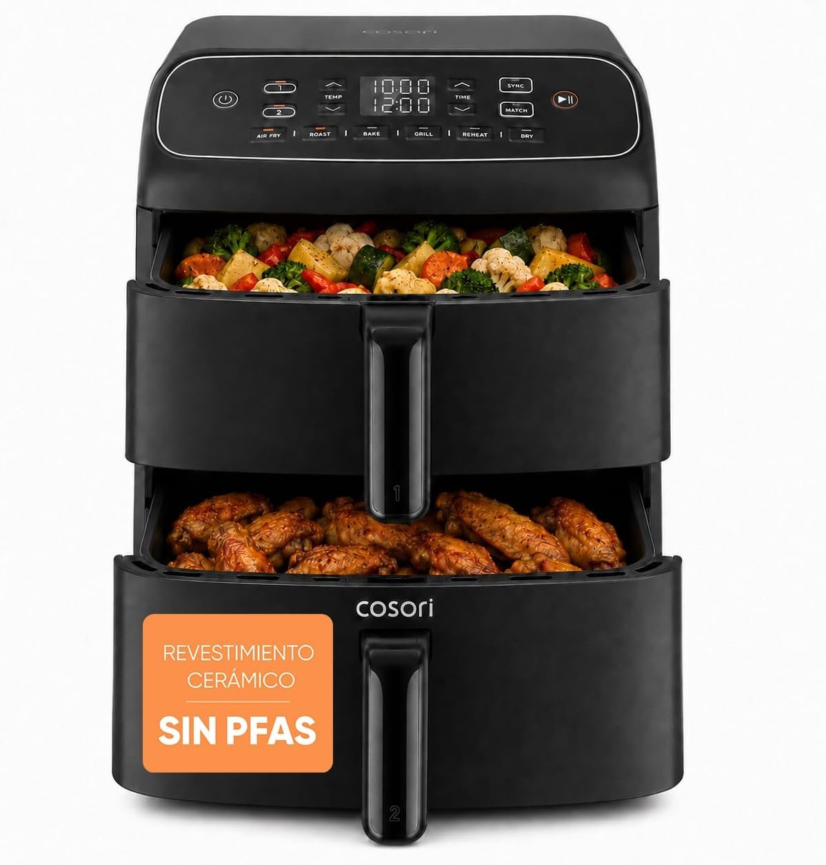 Freidora de aire Cosori Turbo Tower Compact de 8,6 L con doble cesta vertical, según la ficha de Amazon.es
