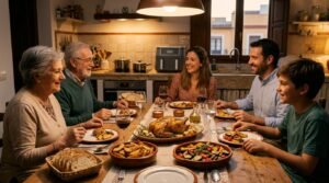 Familia con una comida completa preparada a la vez (ilustración)