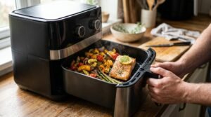 Cesta grande de freidora con salmón y verduras asadas (ilustración)