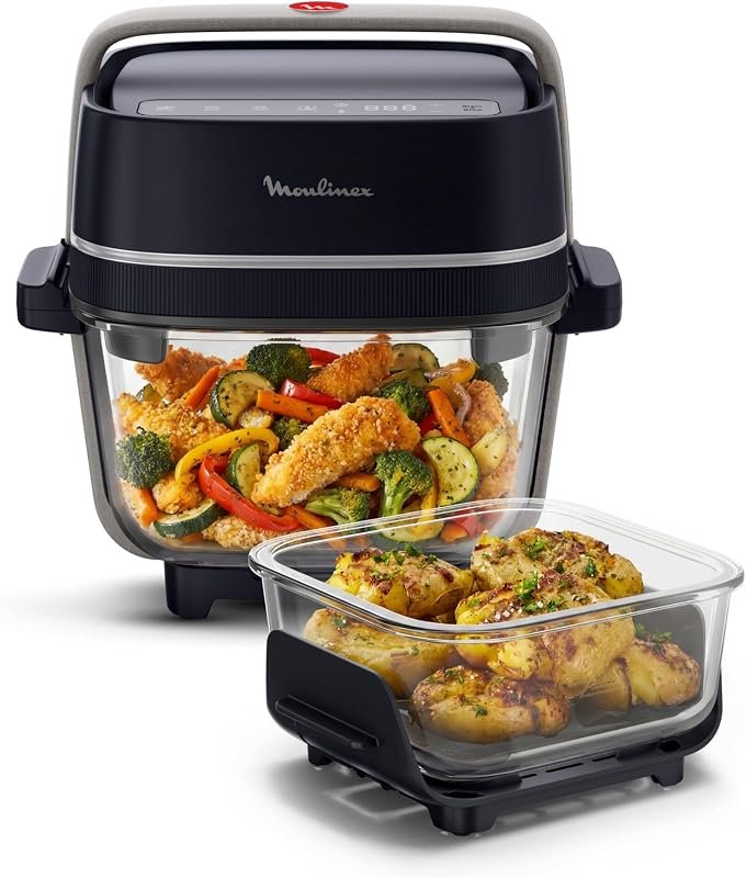 Freidora de aire de cristal Moulinex Crisp&Go con dos boles, según la ficha de Amazon.es