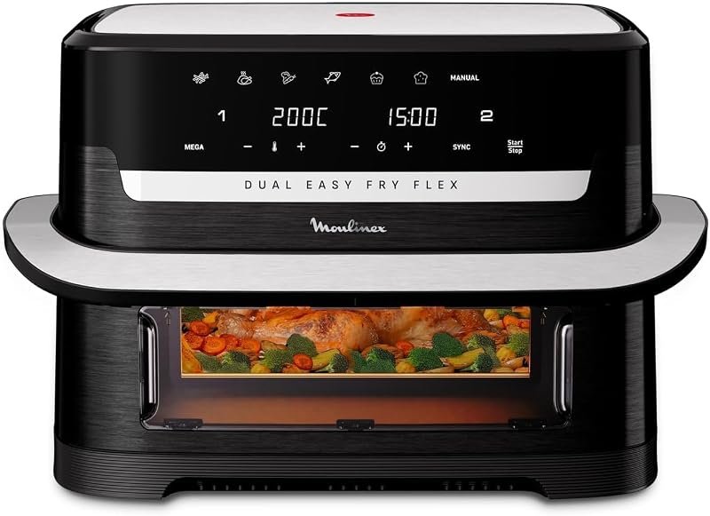 Freidora de aire Moulinex Dual Easy Fry Flex de 9 L con separador FlexCook, según la ficha de Amazon.es
