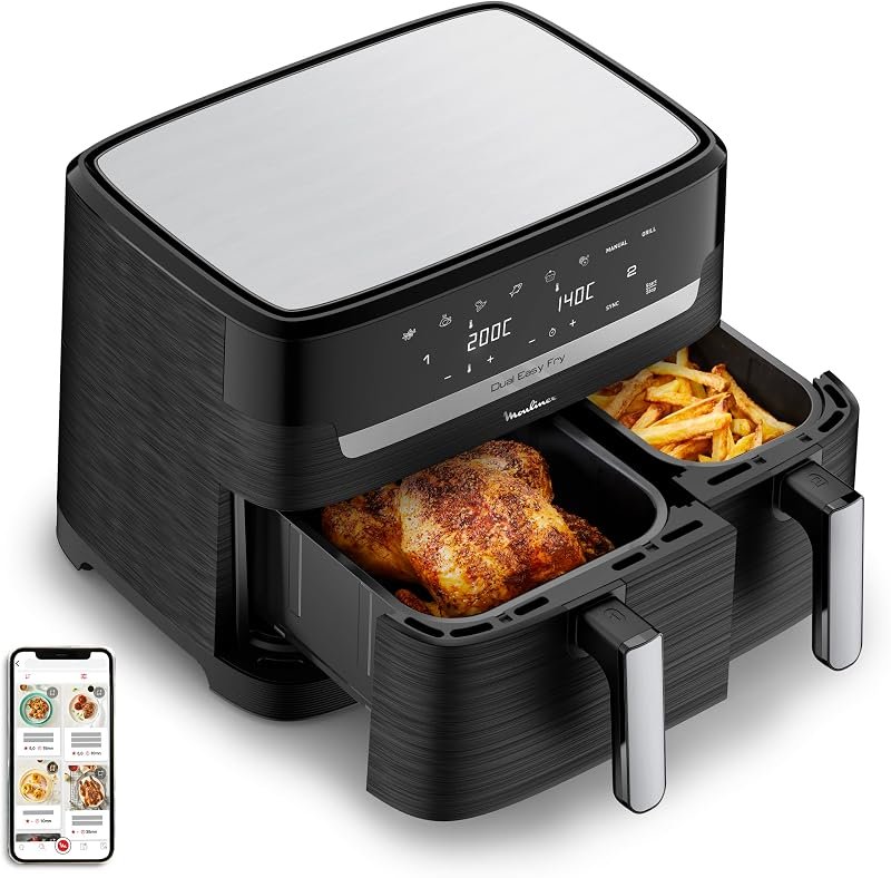 Freidora de aire Moulinex Easy Fry Dual de dos cajones, según la ficha de Amazon.es