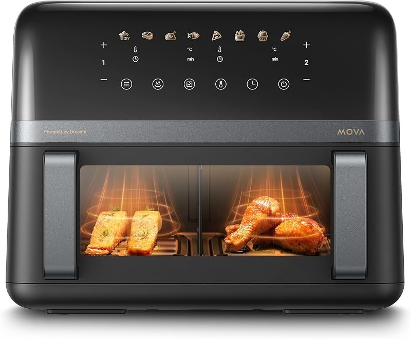 Freidora de aire Mova FD20 Pro de 9 L con ventana, según la ficha de Amazon.es