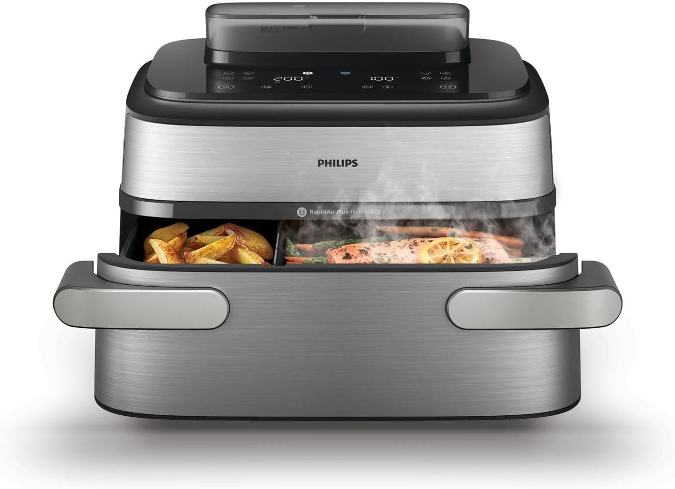 Freidora de aire Philips Airfryer NA565 Megabasket de 9,5 L con vapor, según la ficha de Amazon.es