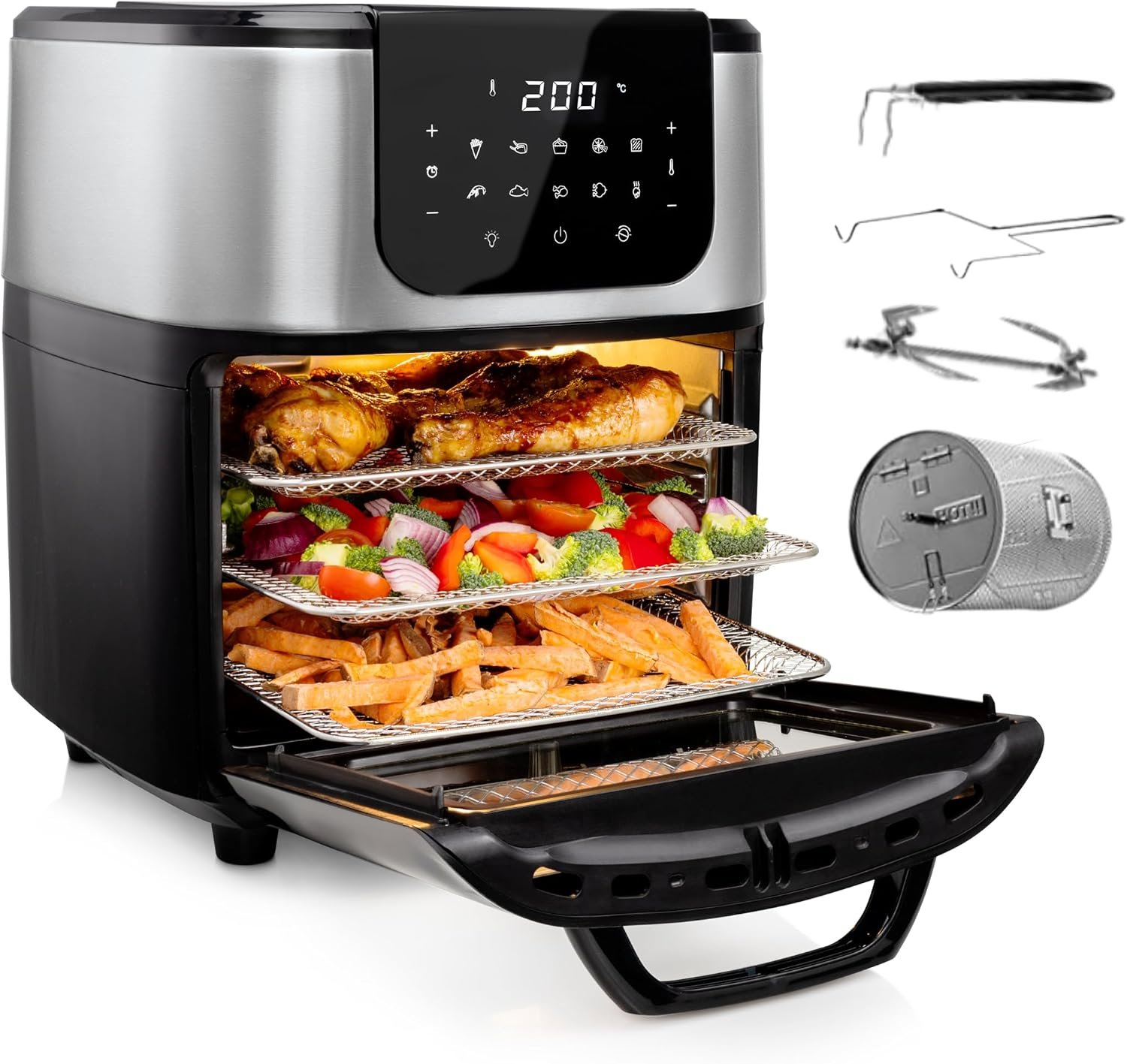 Freidora de aire horno Princess de 11 L con cesta giratoria, según la ficha de Amazon.es