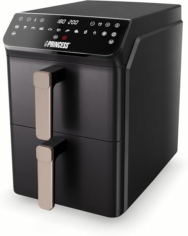 Freidora de aire Princess Stack de 11,2 L con dos cestas verticales, según la ficha de Amazon.es