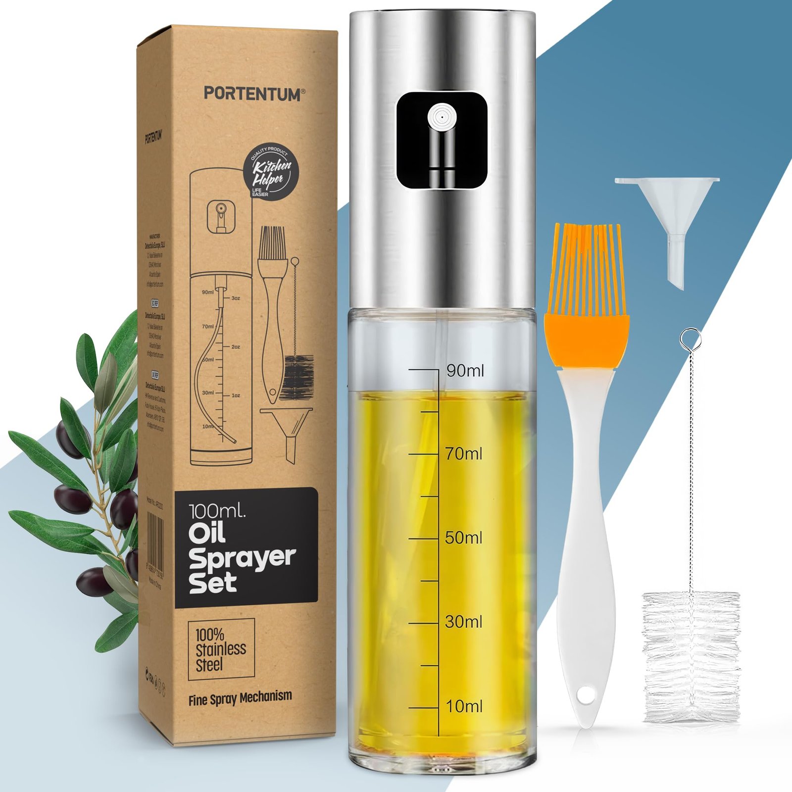Pulverizador de aceite PORTENTUM de 100 ml con botella de vidrio y acero inoxidable