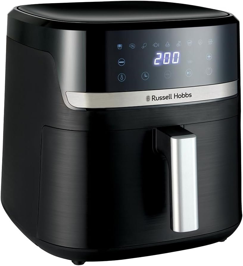 Freidora de aire negra con pantalla digital y asa, imagen de la ficha del Russell Hobbs SatisFry de 8,3 L en Amazon.es
