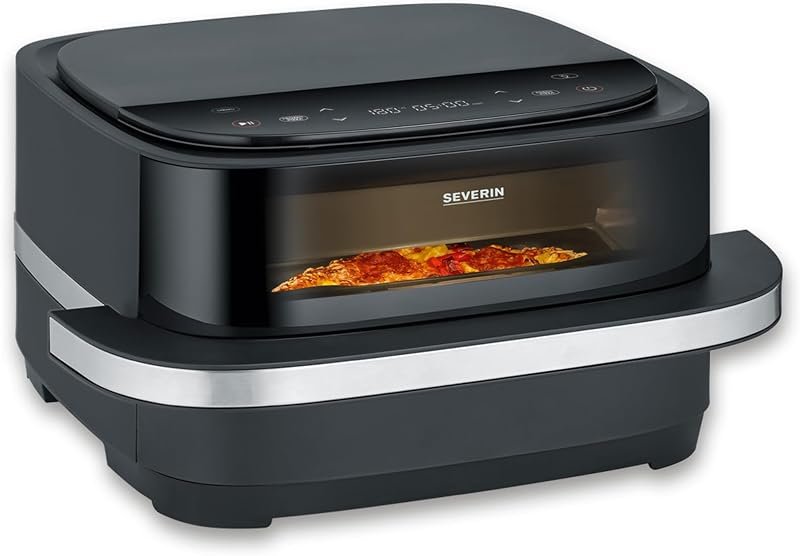 Freidora de aire Severin S-Fry Pizza & More extraancha con ventana, según la ficha de Amazon.es