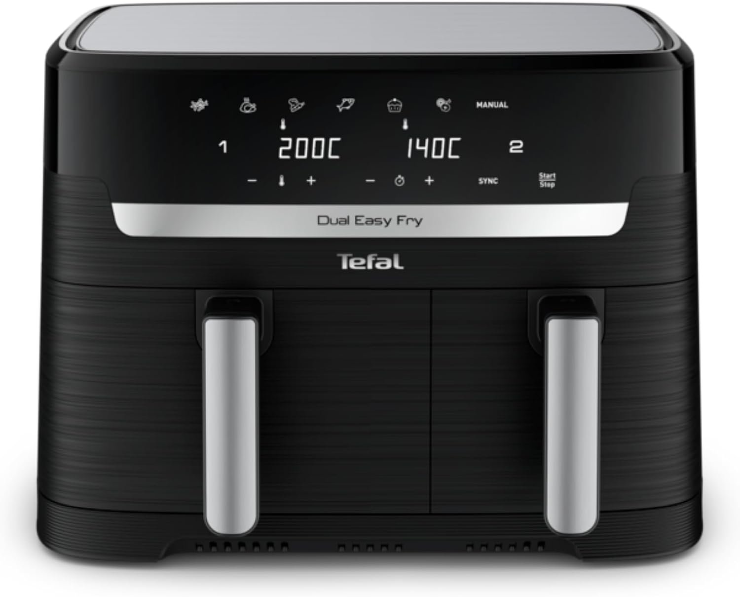 Freidora de aire Tefal Dual Easy Fry EY9018 de dos cajones, según la ficha de Amazon.es