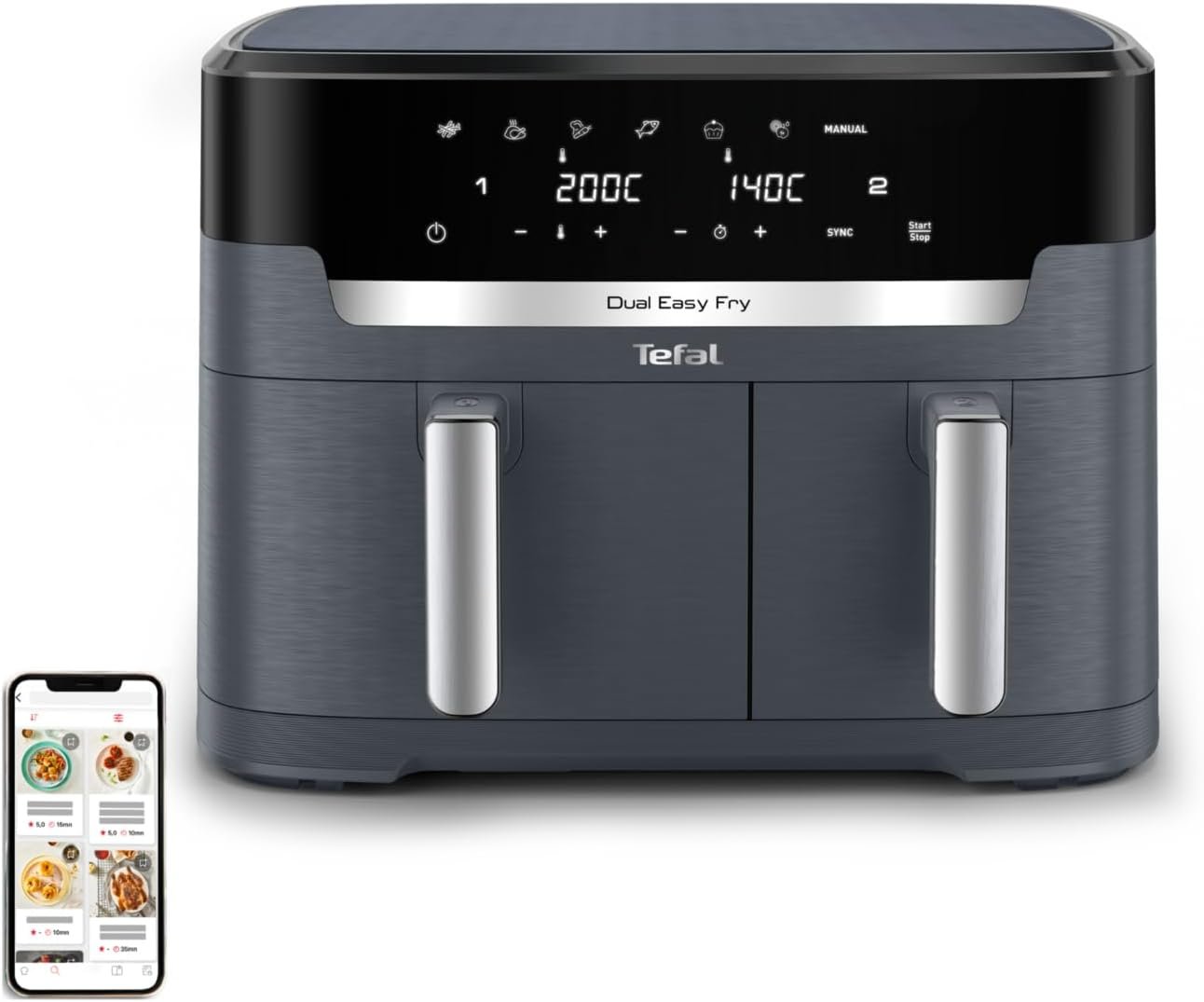 Freidora de aire Tefal Dual Easy Fry EY942BE0 de doble cámara y 11 L, según la ficha de Amazon.es