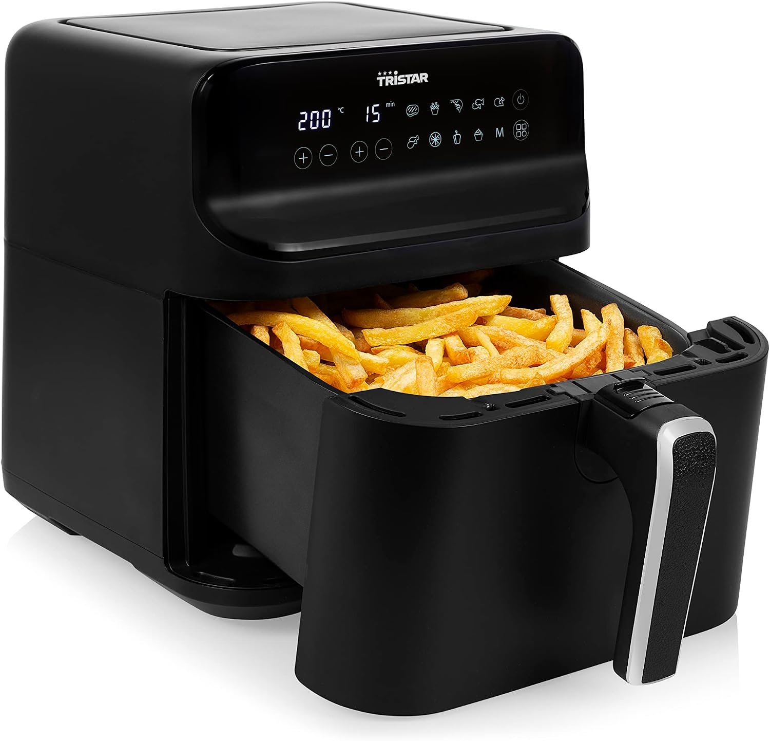 Freidora de aire Tristar FR-9025 de 6 L en negro mate con pantalla táctil y cesta con patatas, según la ficha de Amazon.es