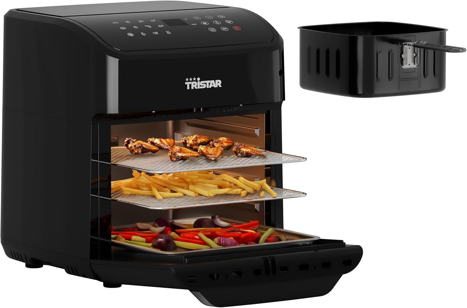 Freidora de aire y mini horno Tristar FR-9065 de 12 L con bandejas y cesta, según la ficha de Amazon.es